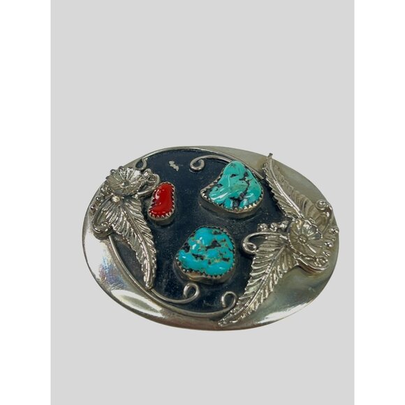 Vintage Turquoise & Coral Belt Buckle With Floral Design 2.75" Width Genuine Mat - Picture 2 of 4